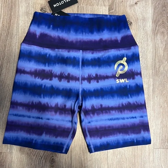 Peloton SWL Ally Love Purple Tie Die Stripe Cadent Strappy Bra & 7” Bike Short
